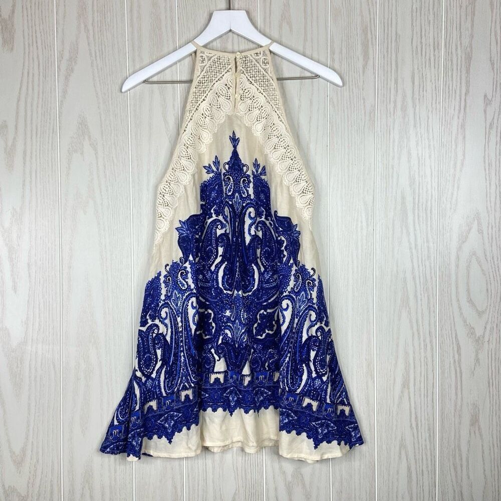 Free People Shea Mini Dress Blue Cream Size XS Boho Festival Swing Slip - Picture 6 of 7